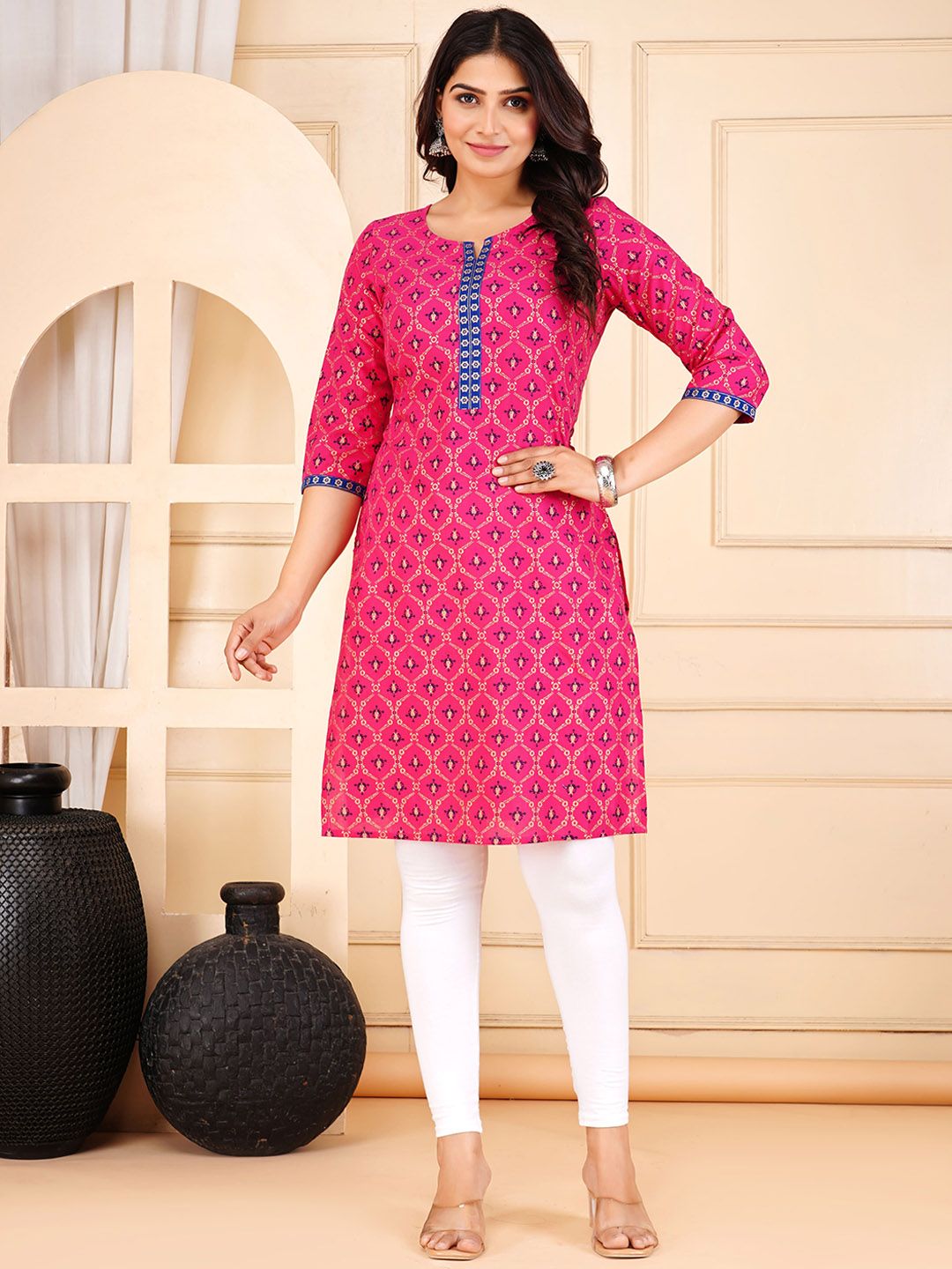 Moajaza Floral Printed Notch Neck Straight Pure Cotton Kurta