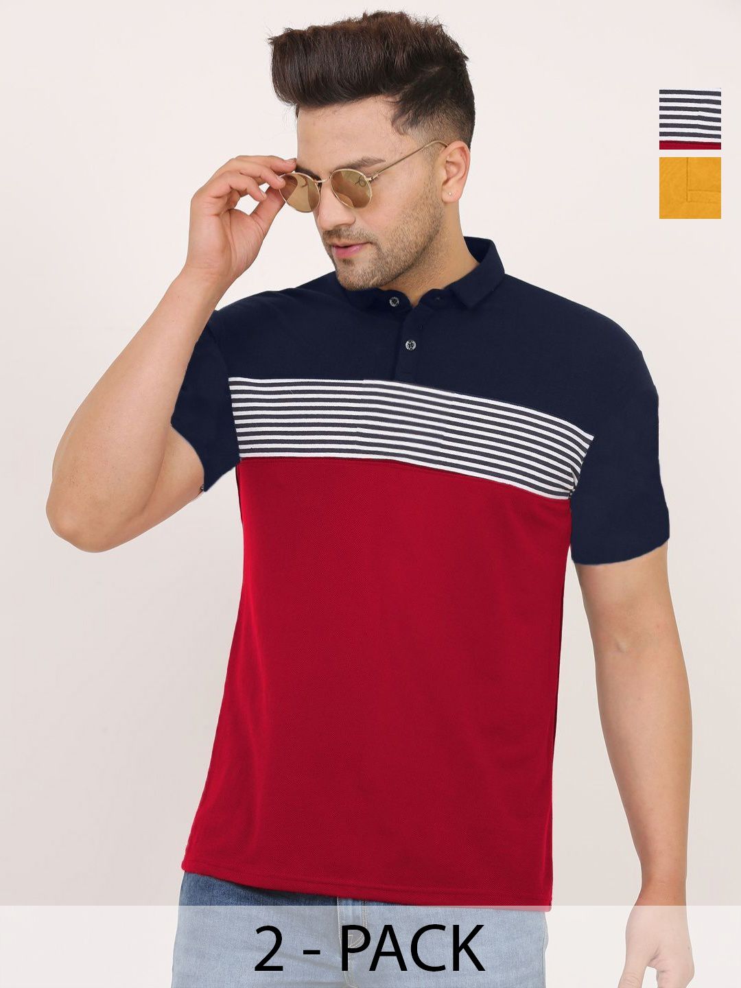 Leotude Men Pack Of 2 Colourblocked Polo Collar Cotton T-shirts
