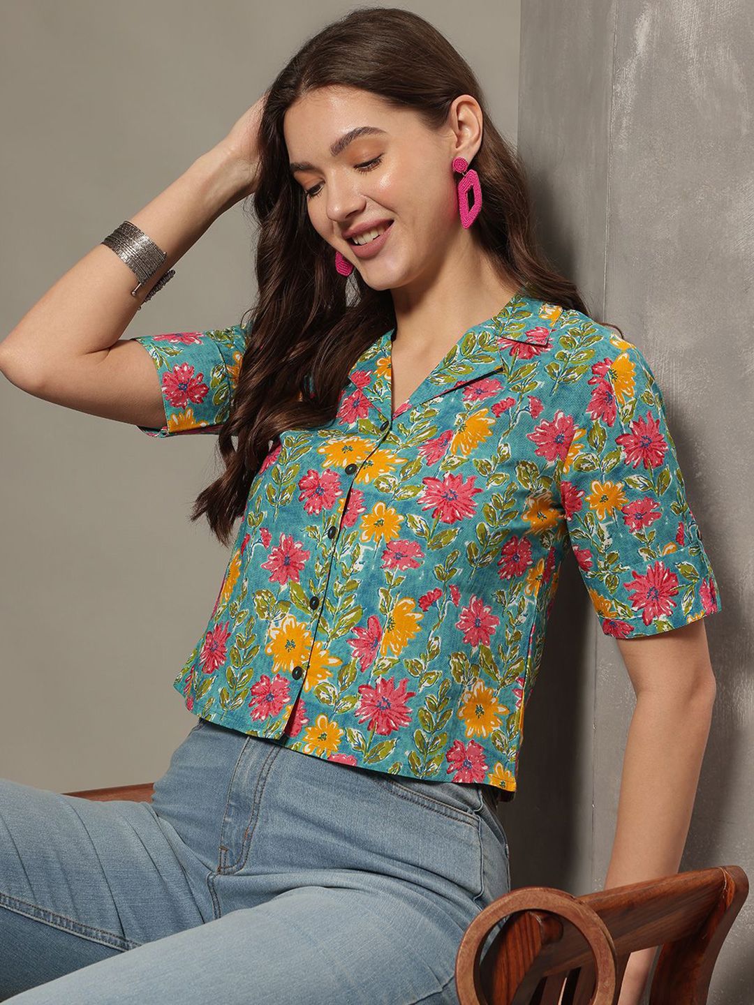 JANAKDULARI CREATION Women Floral Print Shirt Collar Embroidered Crop Shirt Style Top