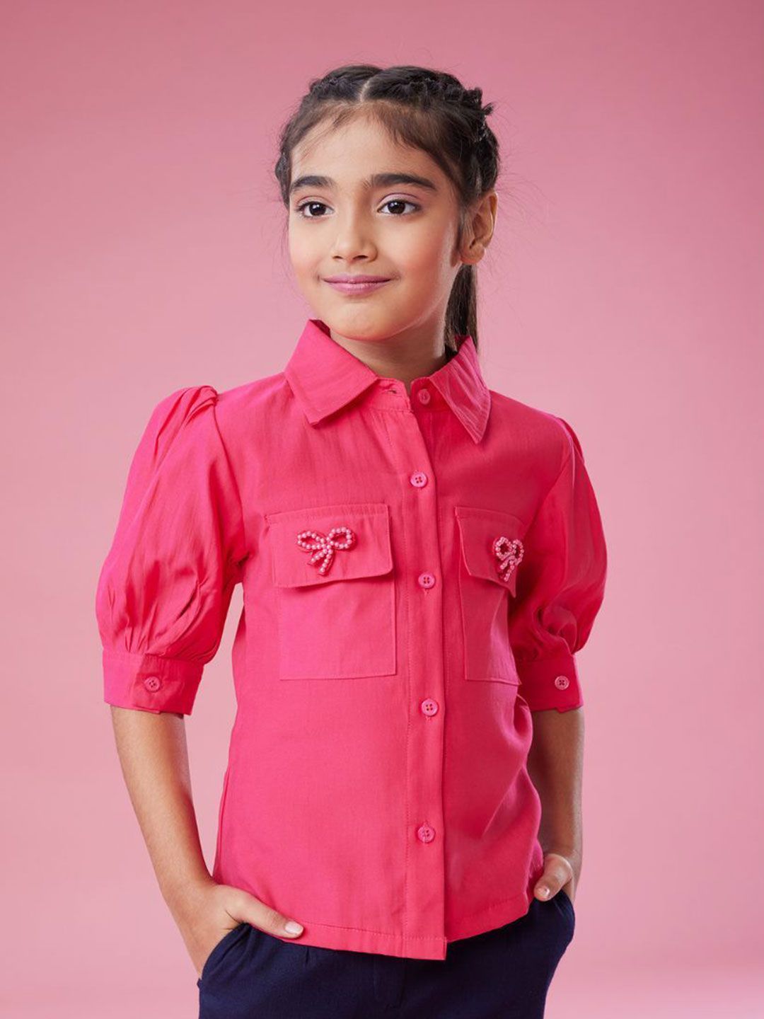 MASTARANG Girls Cuffed Sleeve Cotton Shirt Style Top