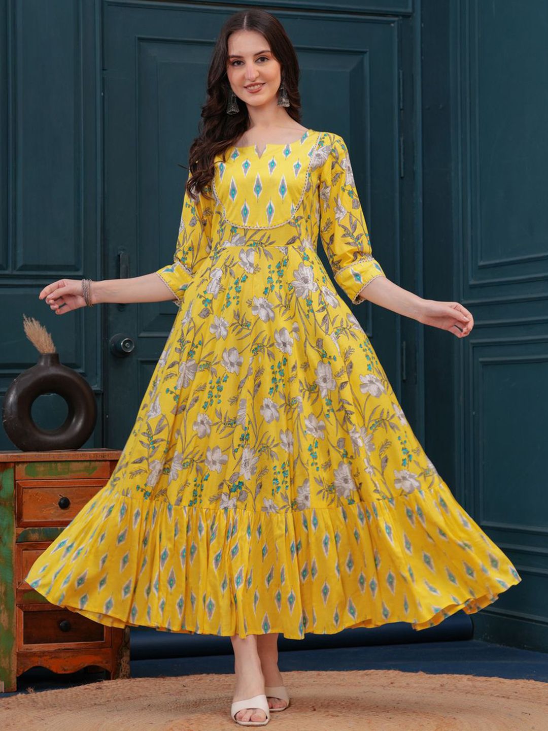 Buy Da Vastraagaar Floral Printed Notch Neck Thread Work Cotton Maxi Gown Ethnic Dress -  - Apparel for Women