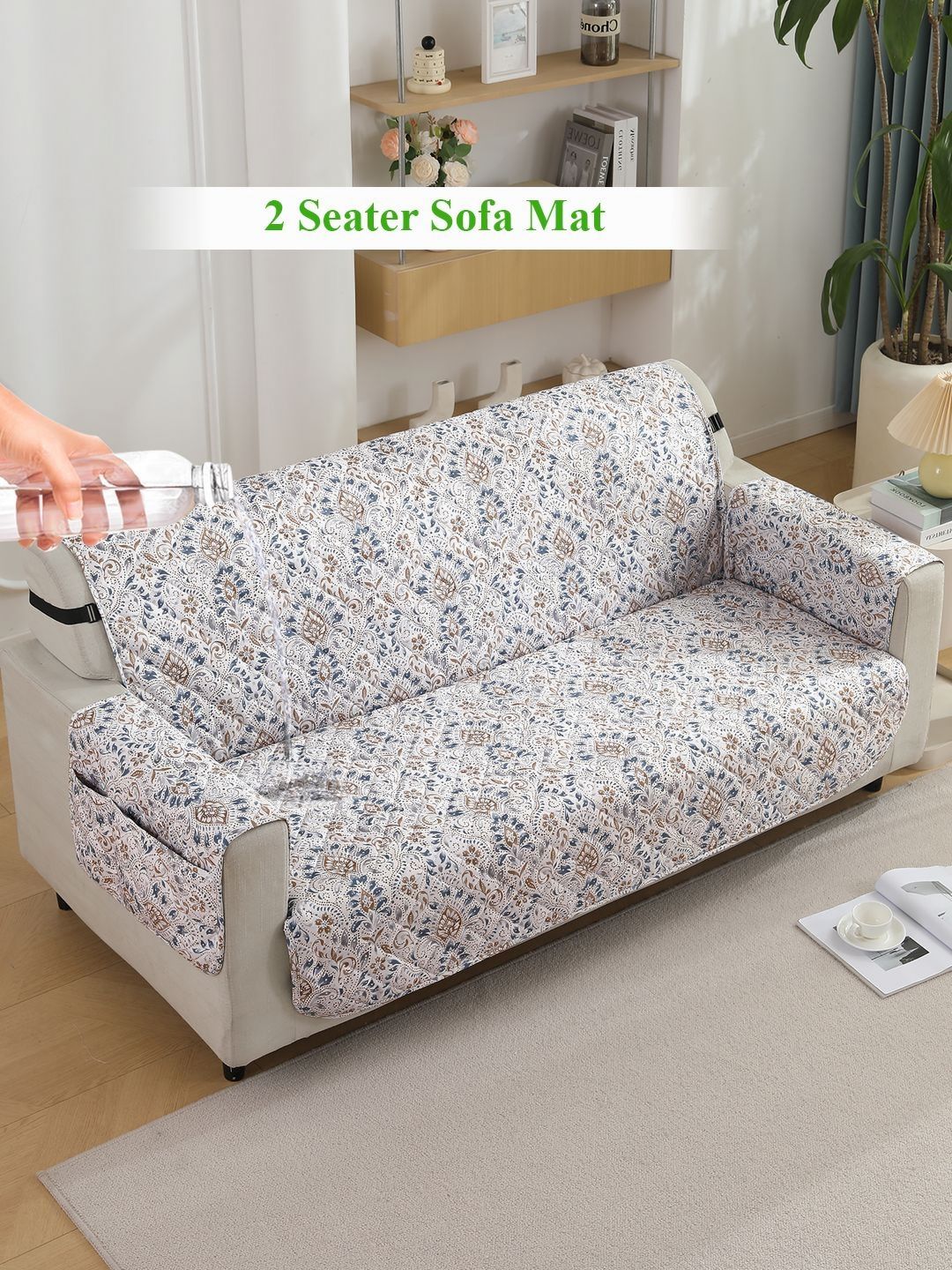 HOKIPO White & Blue Printed Polyester 2 Seater Waterproof Sofa Seat Mat