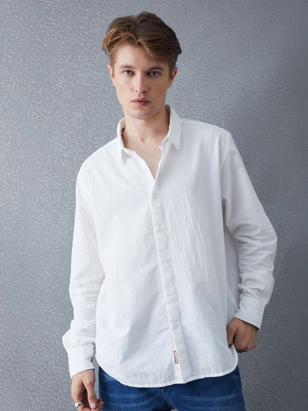 VOLTEDGE Men Classic Relaxed Fit Spread Collar Textured Cotton Casual Shirt