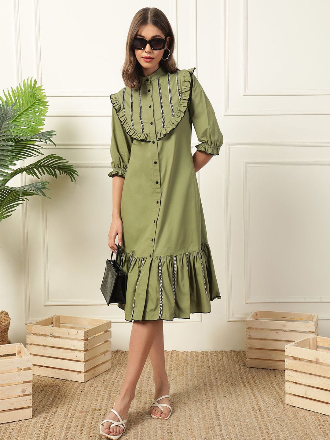 DEEBACO Women Puff Sleeve Shirt Midi Dress