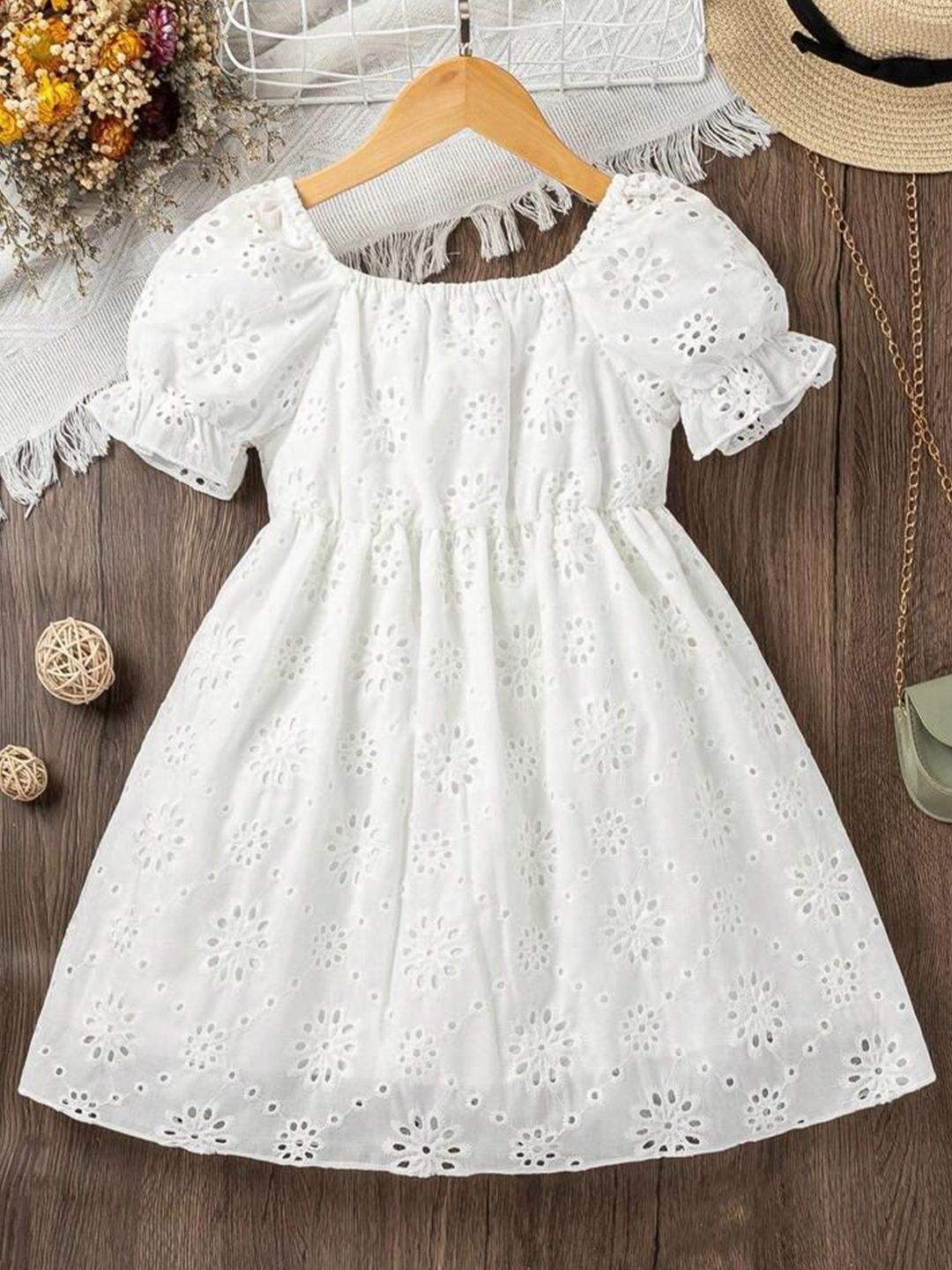 Girls Square Neck Schiffli Empire Dress 2