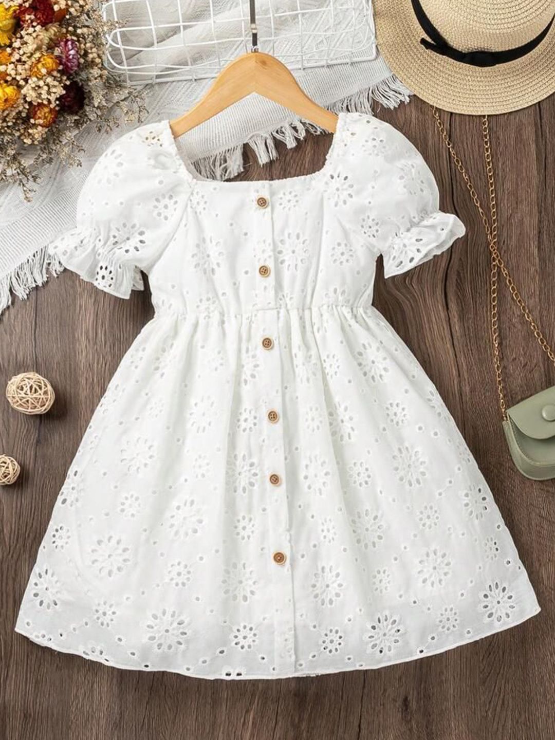 Girls Square Neck Schiffli Empire Dress
