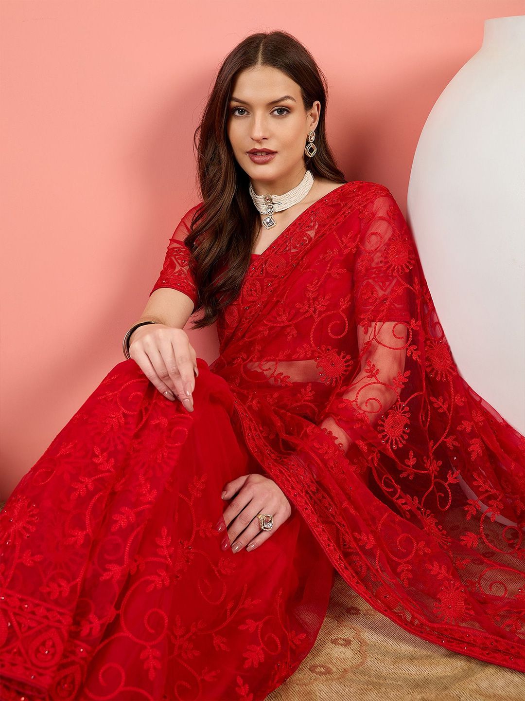 Sangria Embroidered Net Saree With Unstitched Blouse
