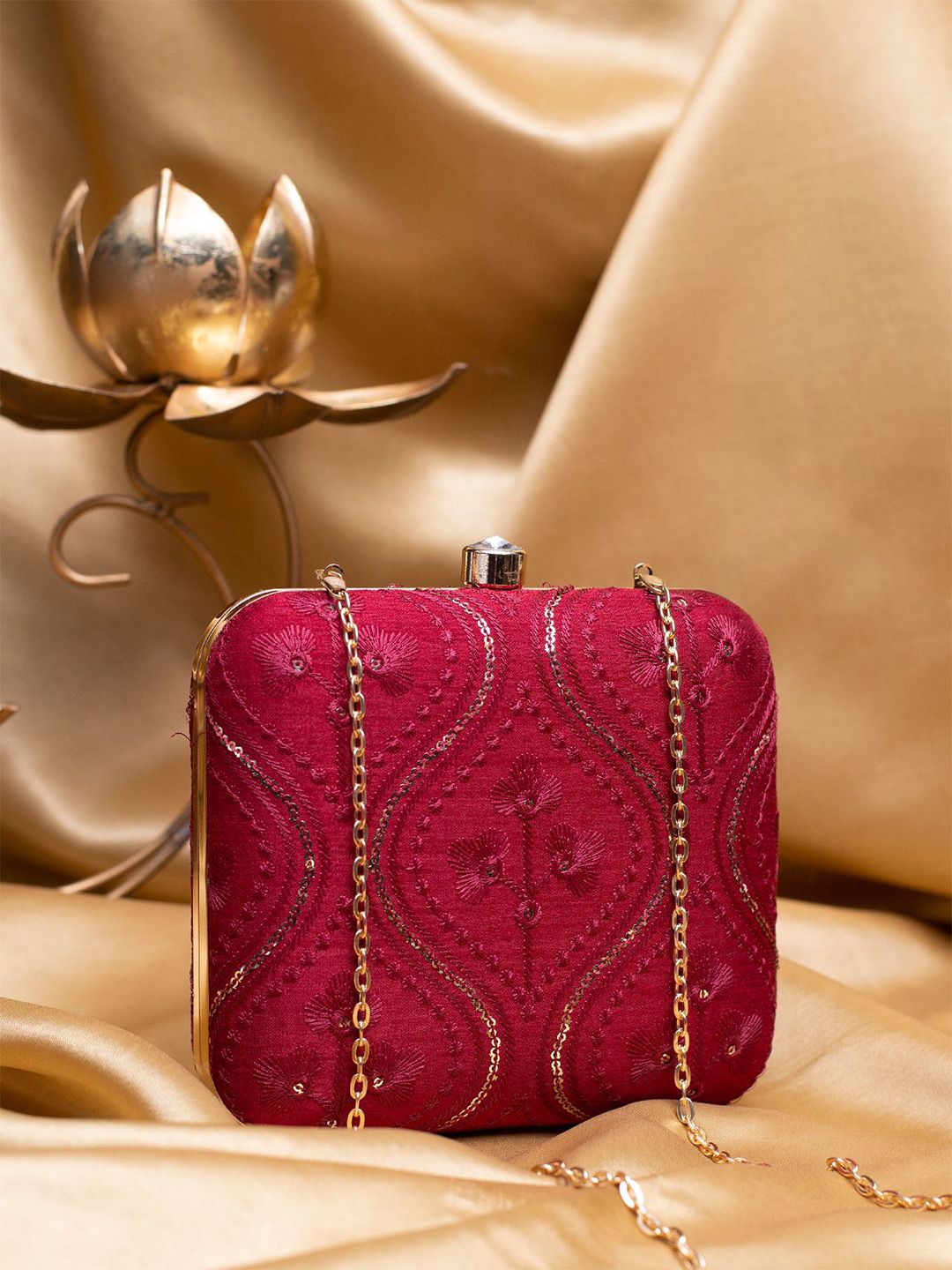 ARTKLIM Sequins Embroidered Box Clutch with Sling Chain