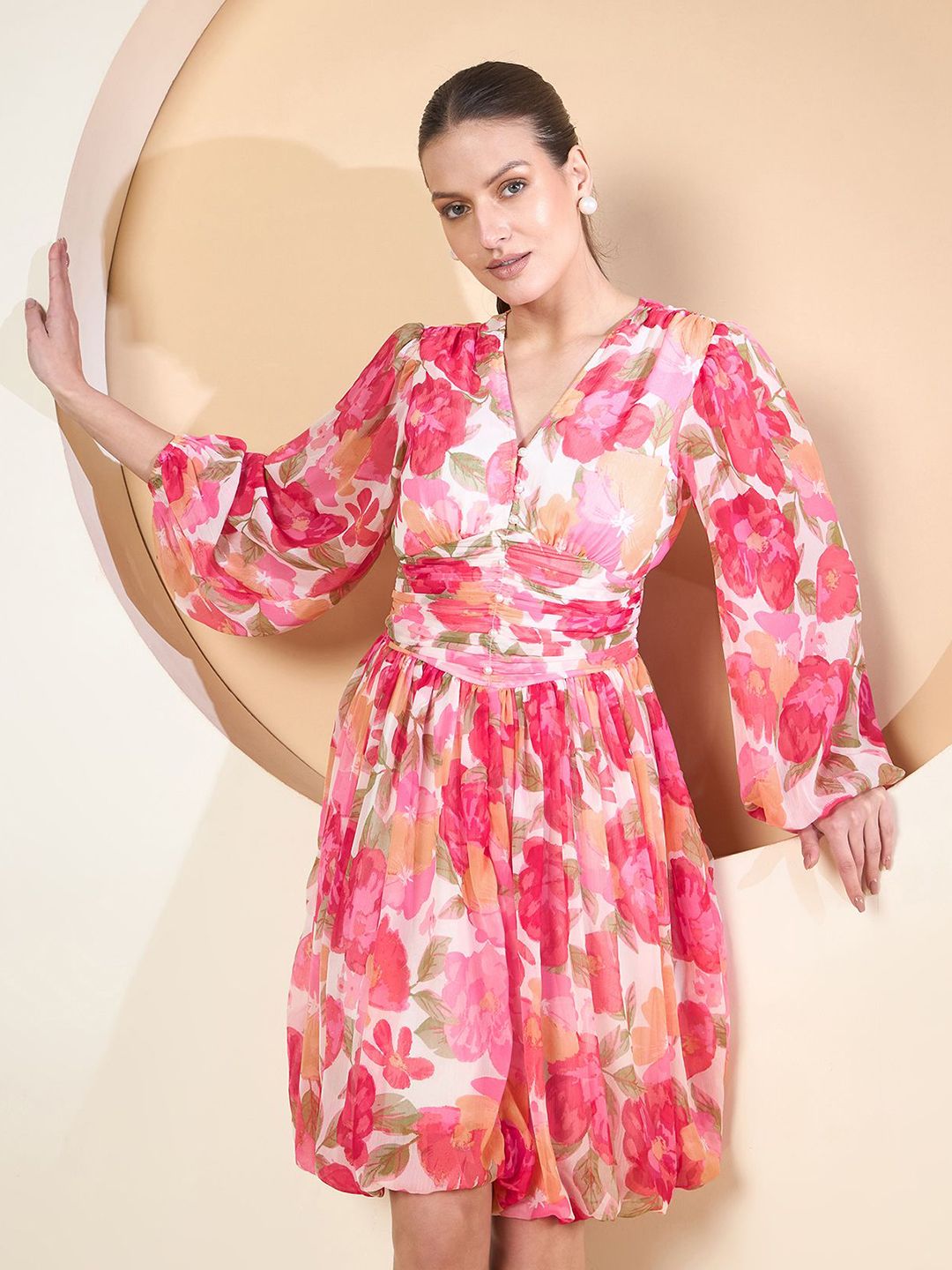 Antheaa Women Floral Printed Balloon Dress
