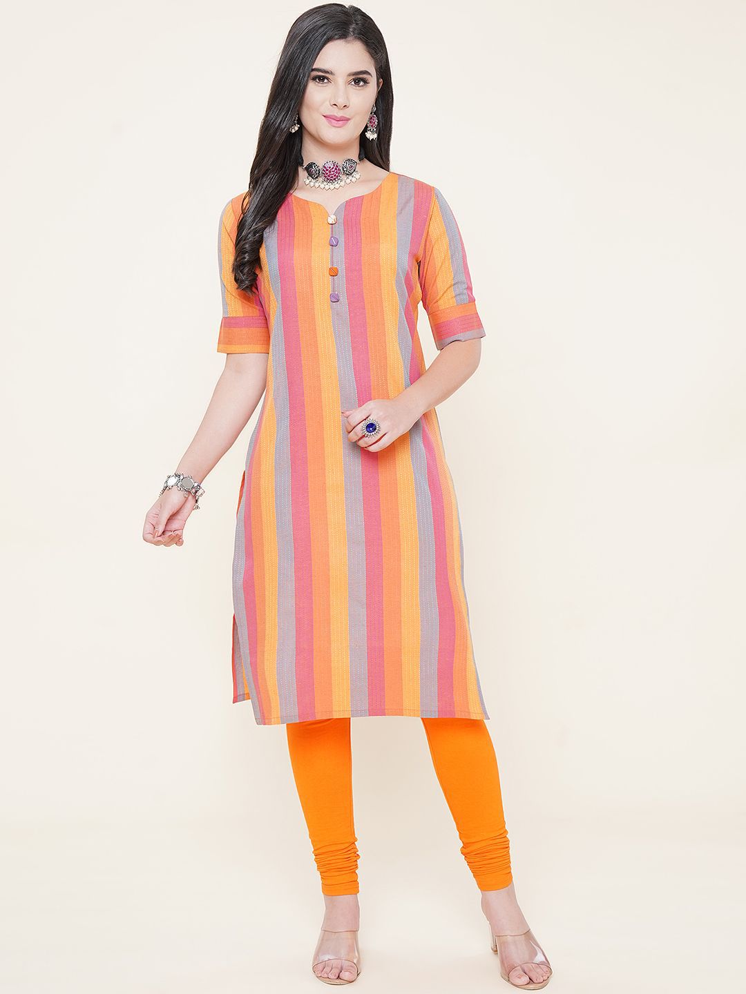 Anushil Striped Sweetheart Neck Straight Kurta