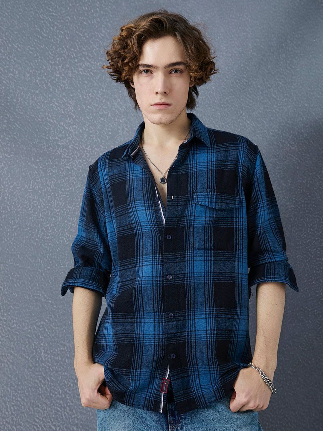 VOLTEDGE Men Classic Relaxed Fit Spread Collar Tartan Checked Cotton Casual Shirt