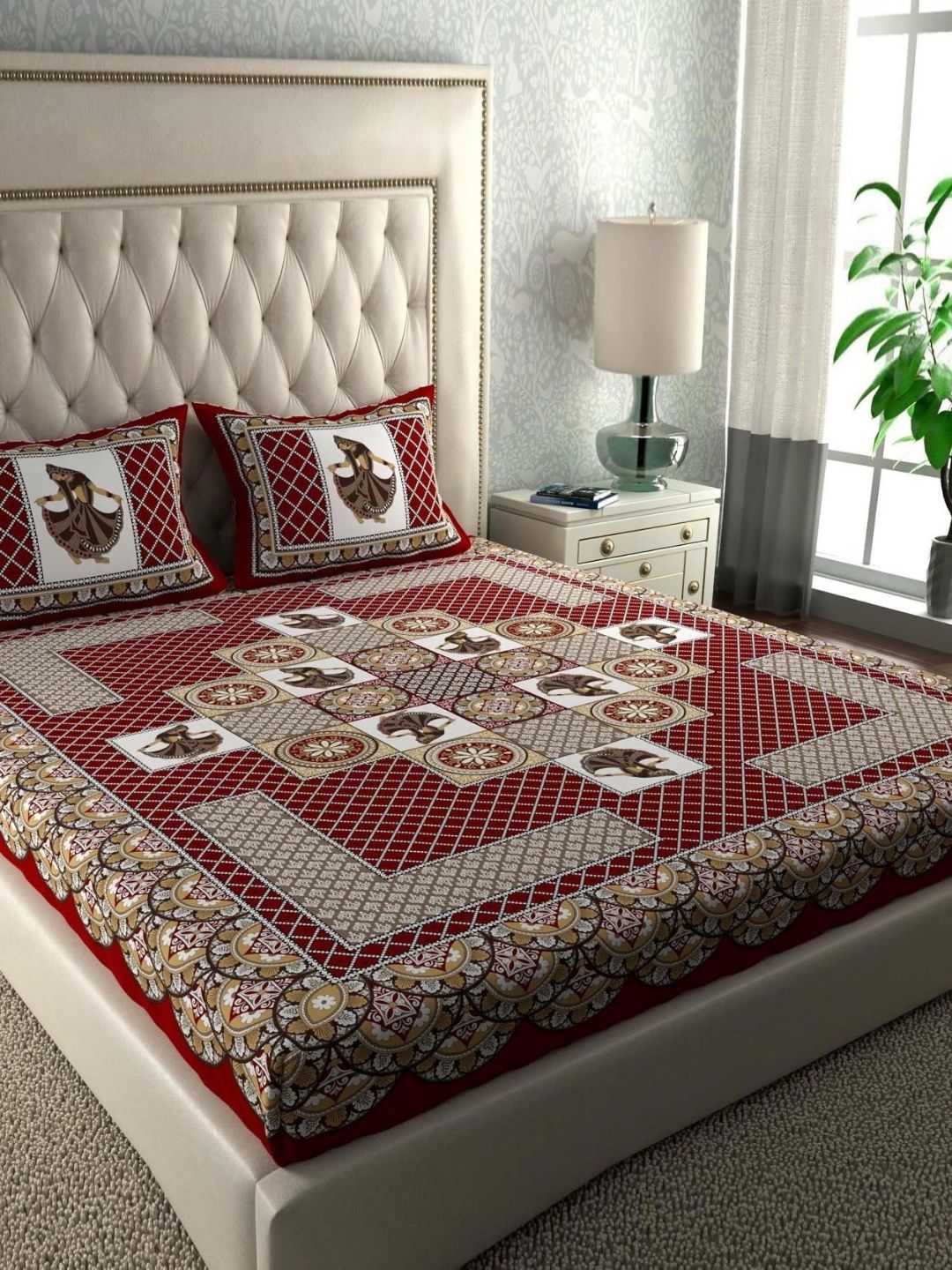 MAGICAL Jaipuri Maroon Geometric Cotton 104 TC Queen Coarse Bedsheet with 2 Pillow Covers-93 x 83 inches