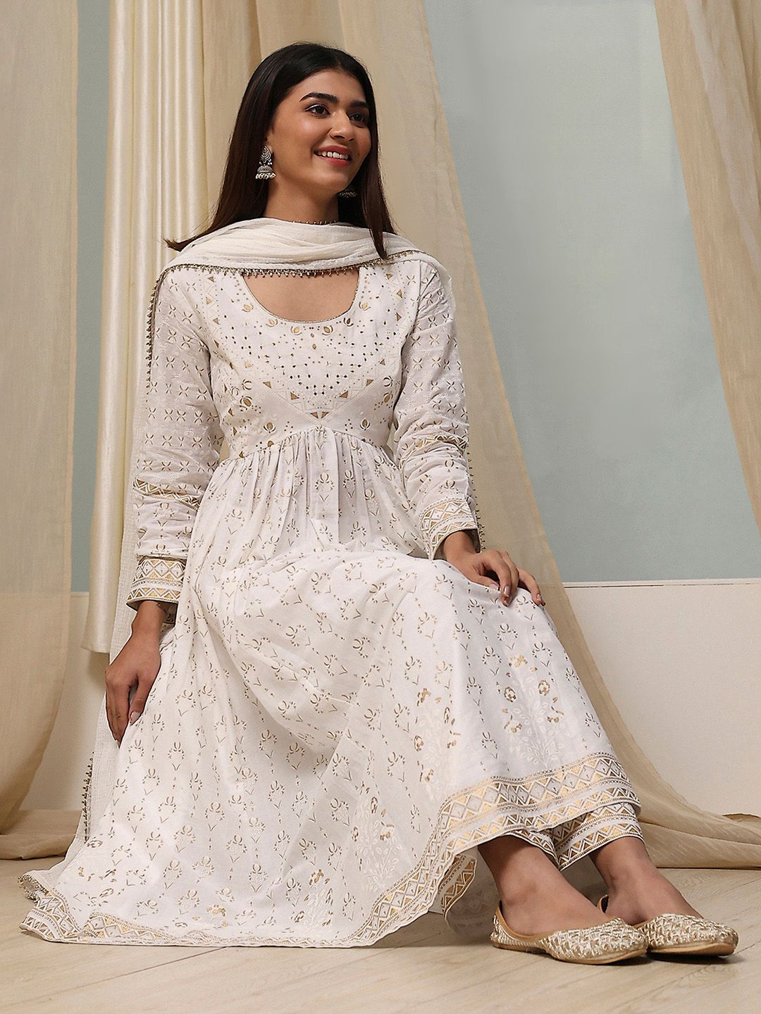 Biba Women Floral Printed Regular Thread Work Pure Cotton Kurta with Palazzos & With Dupatta