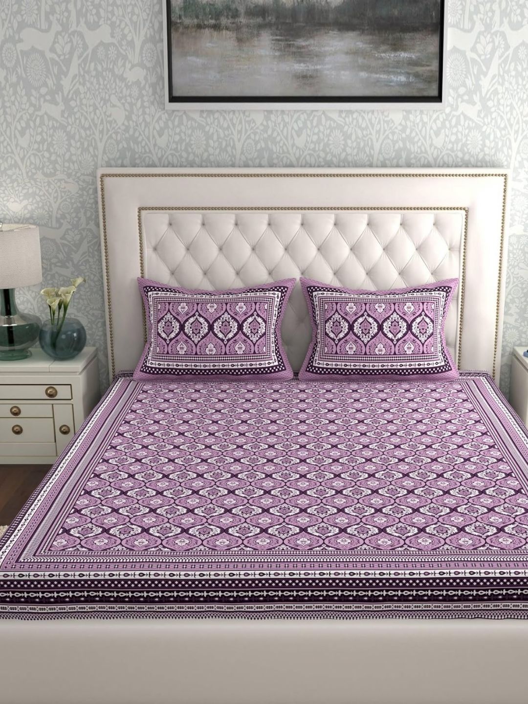 MAGICAL Purple Ethnic Motifs Cotton 104 TC Queen Coarse Bedsheet with 2 Pillow Covers-250 x 220 cm
