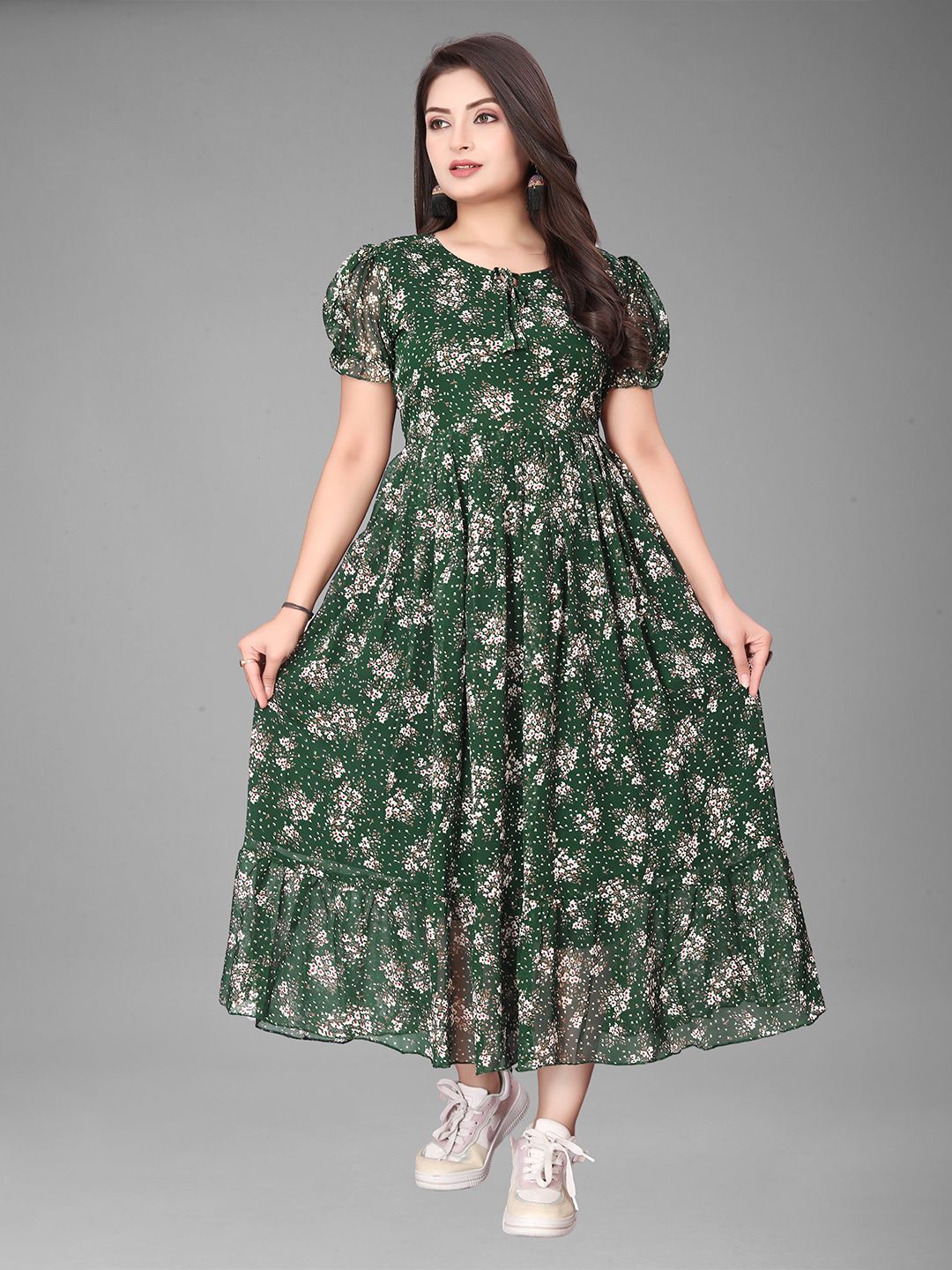 QENA Women Floral Printed Puff Sleeve Georgette Fit & Flare Maxi Dress