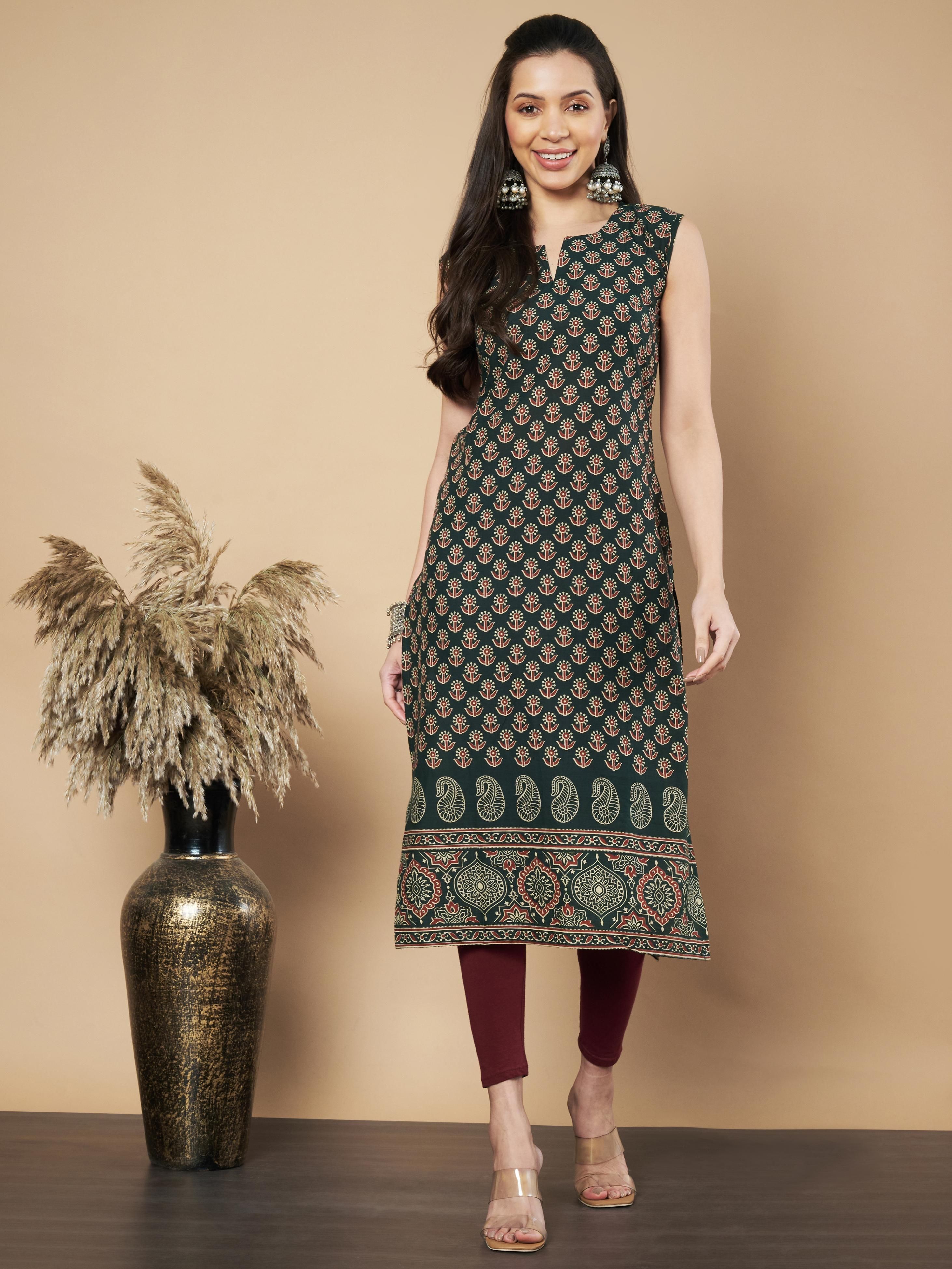 Vbuyz Floral Printed Sleeveless Round Neck Cotton Straight Kurta