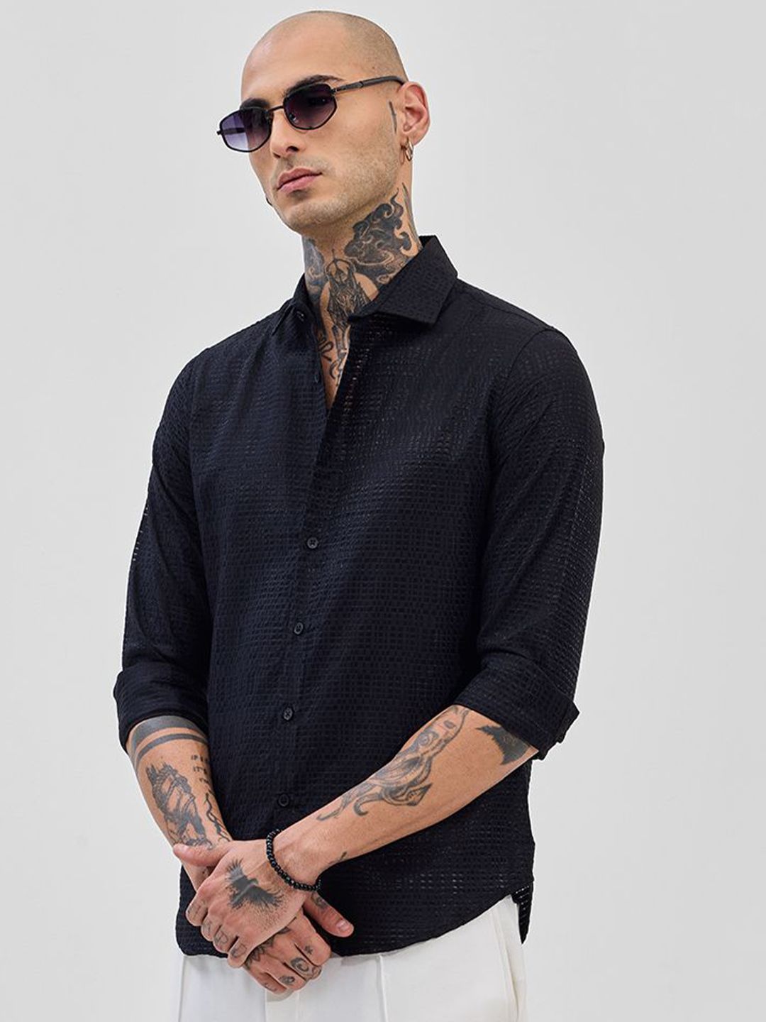 Snitch Textured Viscose Rayon Long Sleeves Slim Fit Shirt