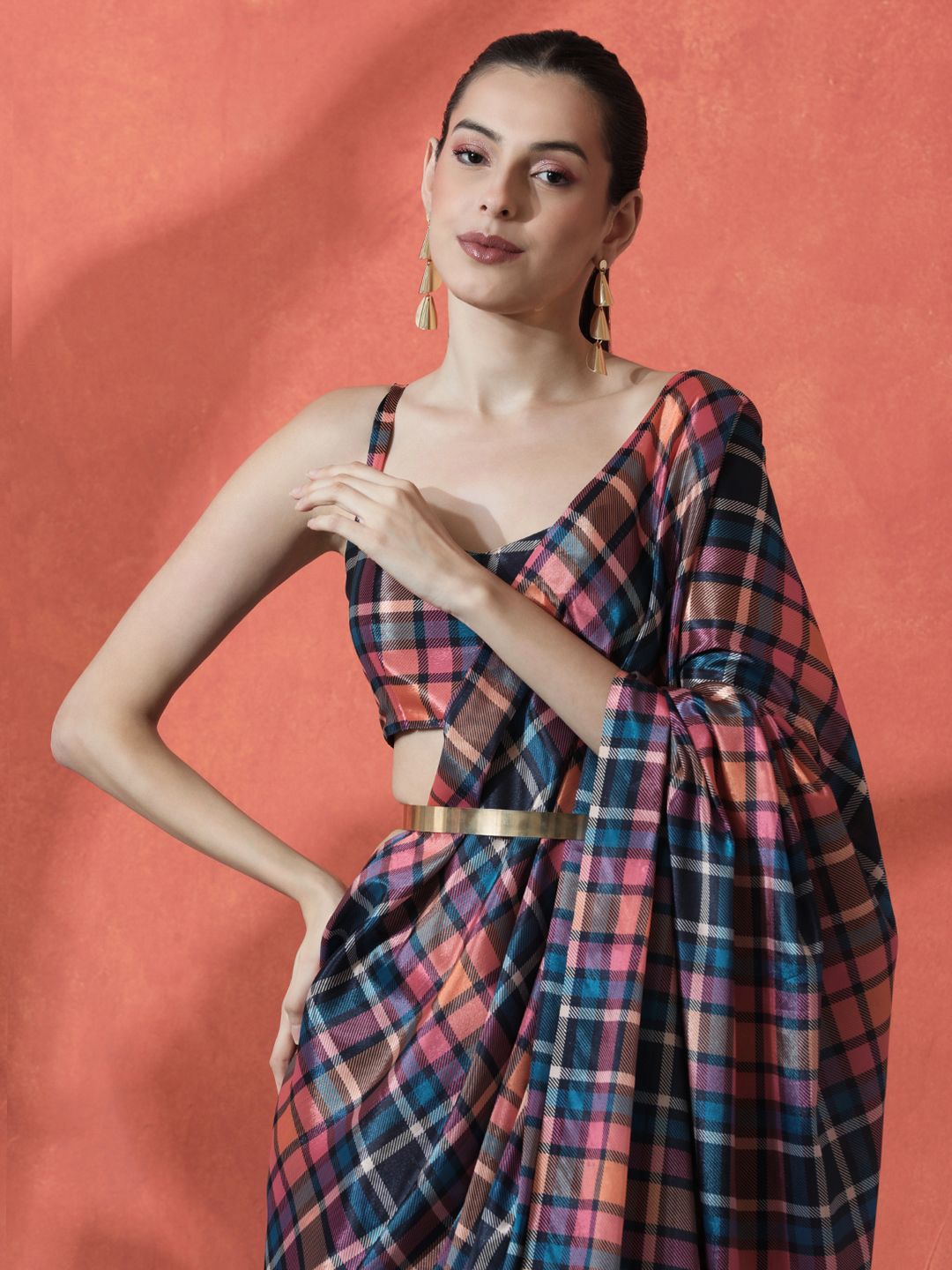 Sangria Ready to wear Satin Checked Digital Printed Saree