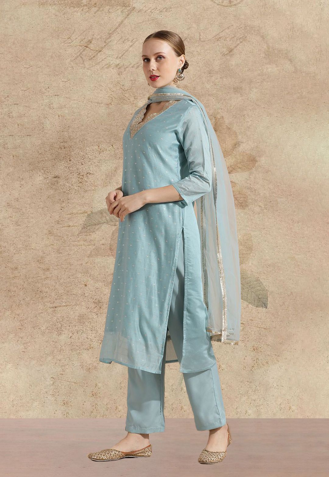 AVANSHEE Sky Blue Zari Woven Design V-Neck Chanderi Cotton Kurta With Trouser And Dupatta