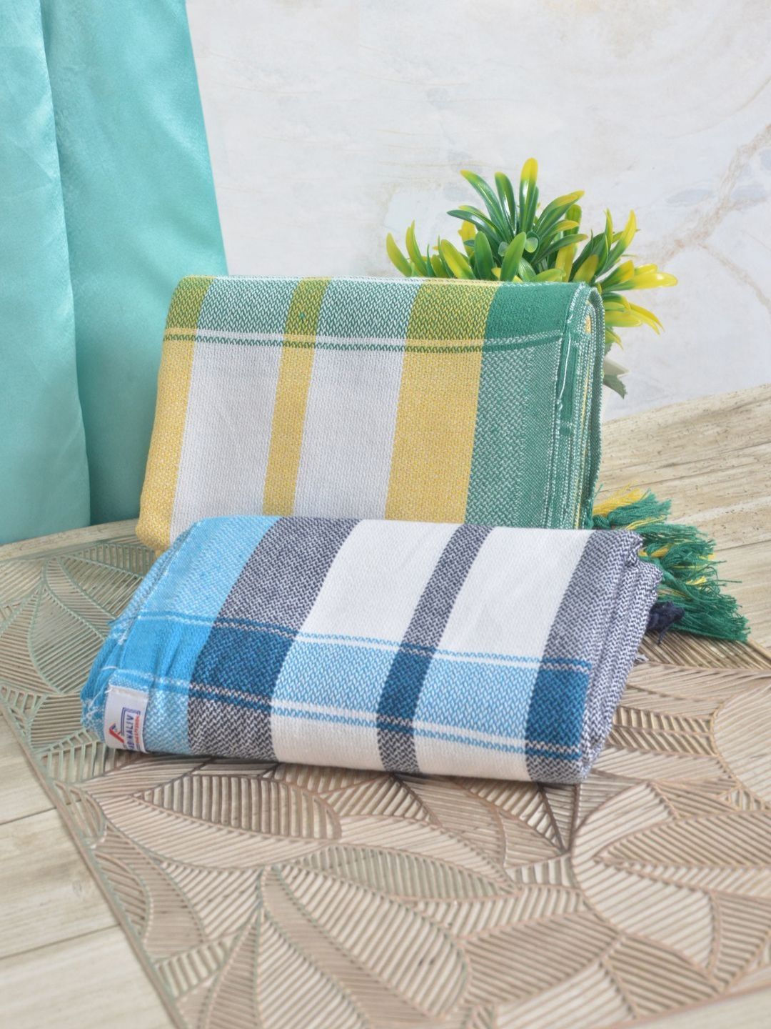 FABINALIV White Striped Cotton 225GSM Reversible 2PCs Adult Regular Bath Towel-59x30In