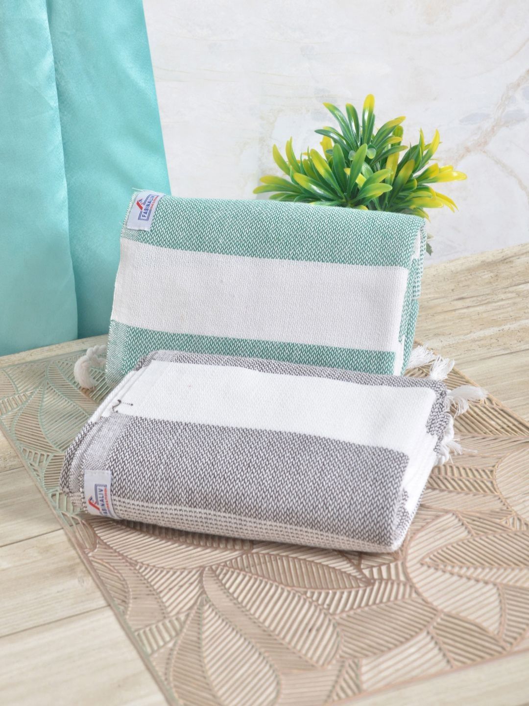 FABINALIV White Striped Cotton 225GSM Reversible 2PCs Adult Regular Bath Towel-59x30In