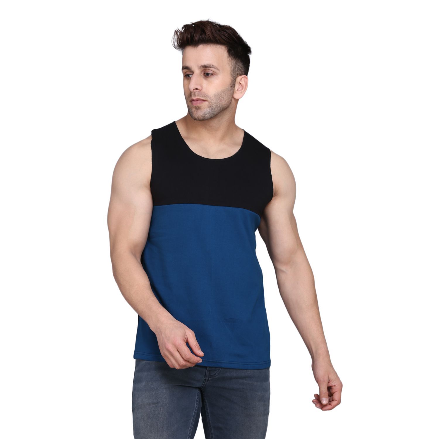 Woostro Men Colourblocked Tank RS26 PLAIN BLACKPEACOCK