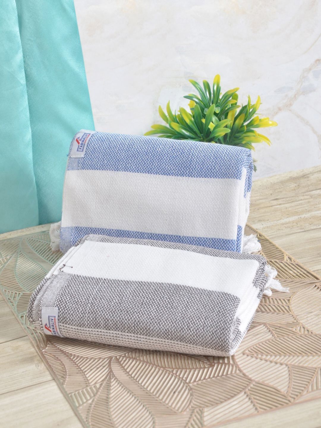FABINALIV White Striped Cotton 225GSM Reversible 2PCs Adult Regular Bath Towel-59x30In