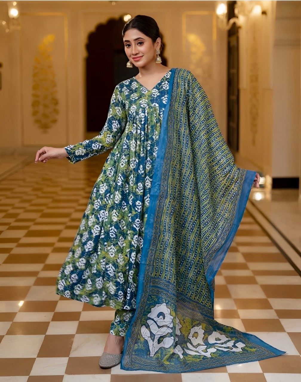 Lali Creation Floral Printed V-Neck Empire Anarkali Kurta With Palazzos & Dupatta