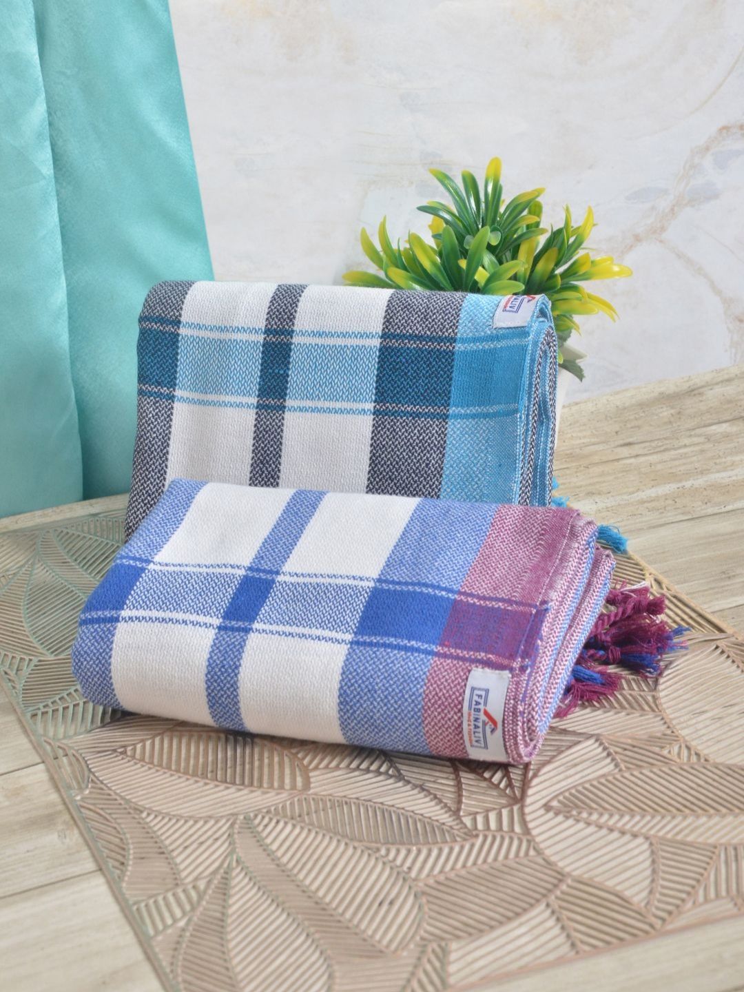 FABINALIV White Striped Cotton 225GSM Super Soft 2PCs Adult Regular Bath Towel-59x30In
