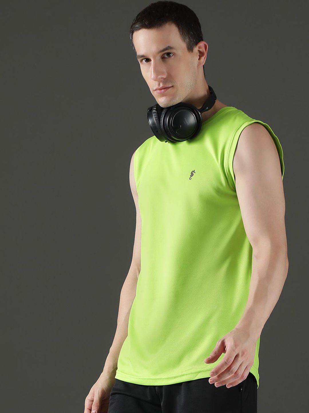 EPPE Men Sleeveless Vest Lemon Green Polyester Dry Fit Round Neck Vest T-shirt