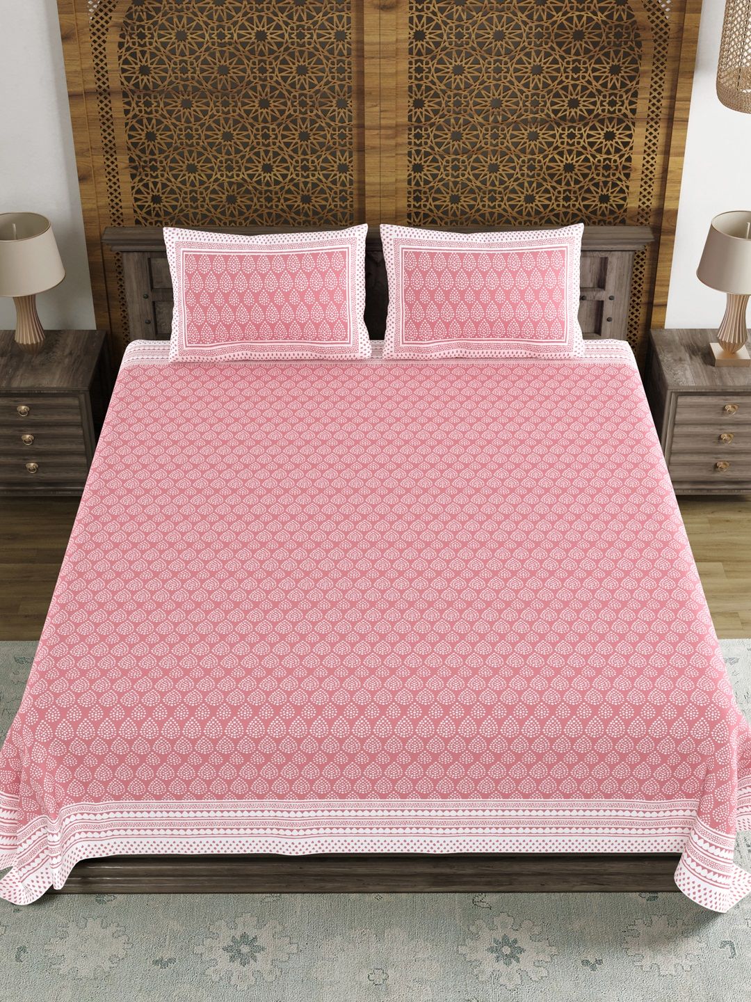 Myntra Elegant Homes Pink Ethnic Motifs Cotton 210 TC King Fine Bedsheet with 2 Pillow Covers-104 x 104 inches