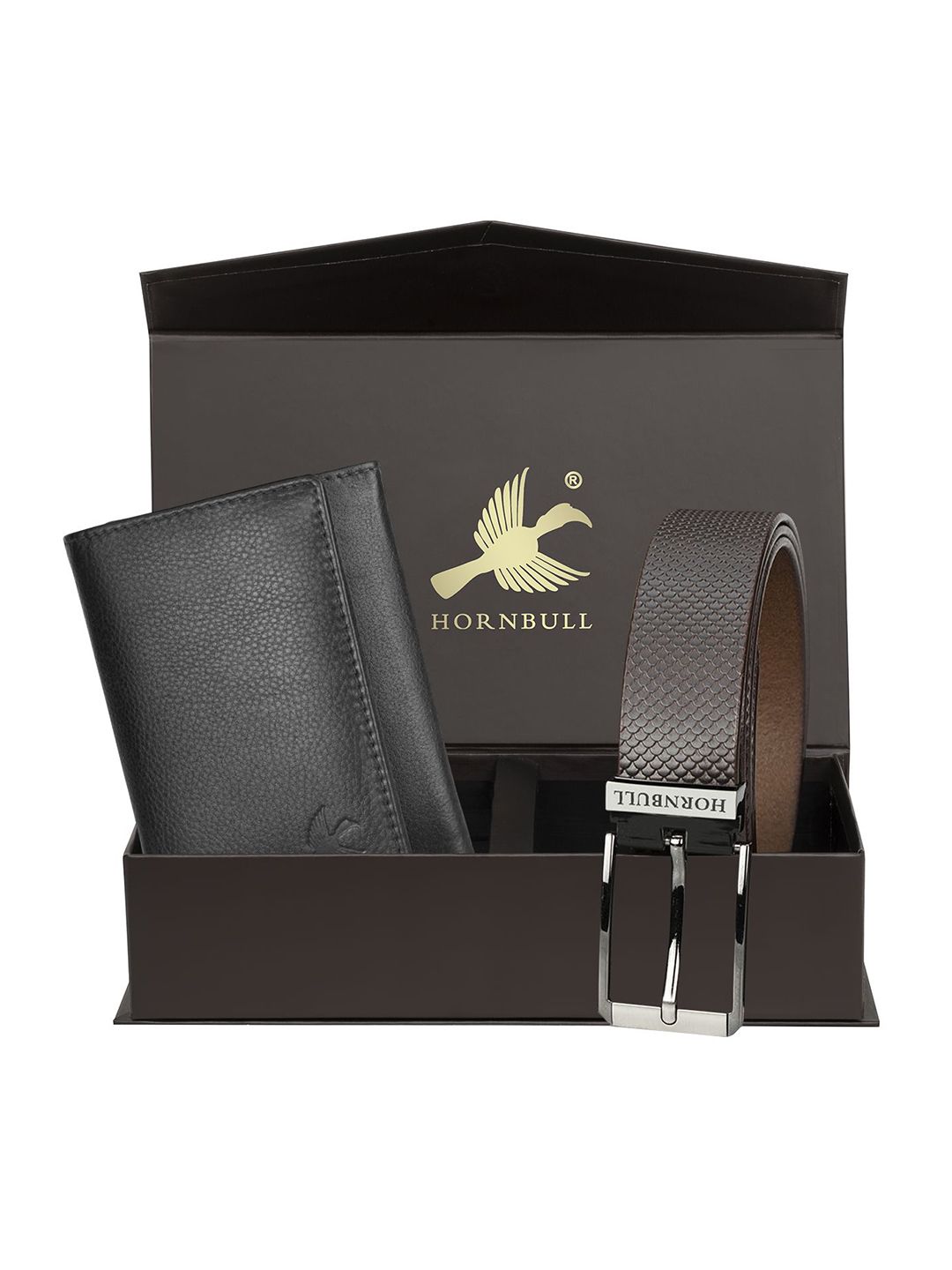 Hornbull Men Three Fold Leather RFID Safety Black Wallet & Belt Accessory Gift Set
