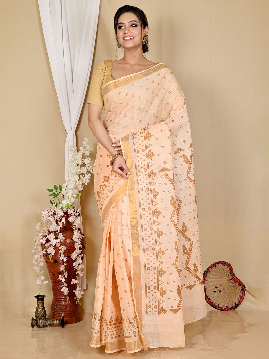PuJoy Woven Design Pure Cotton Taant Saree