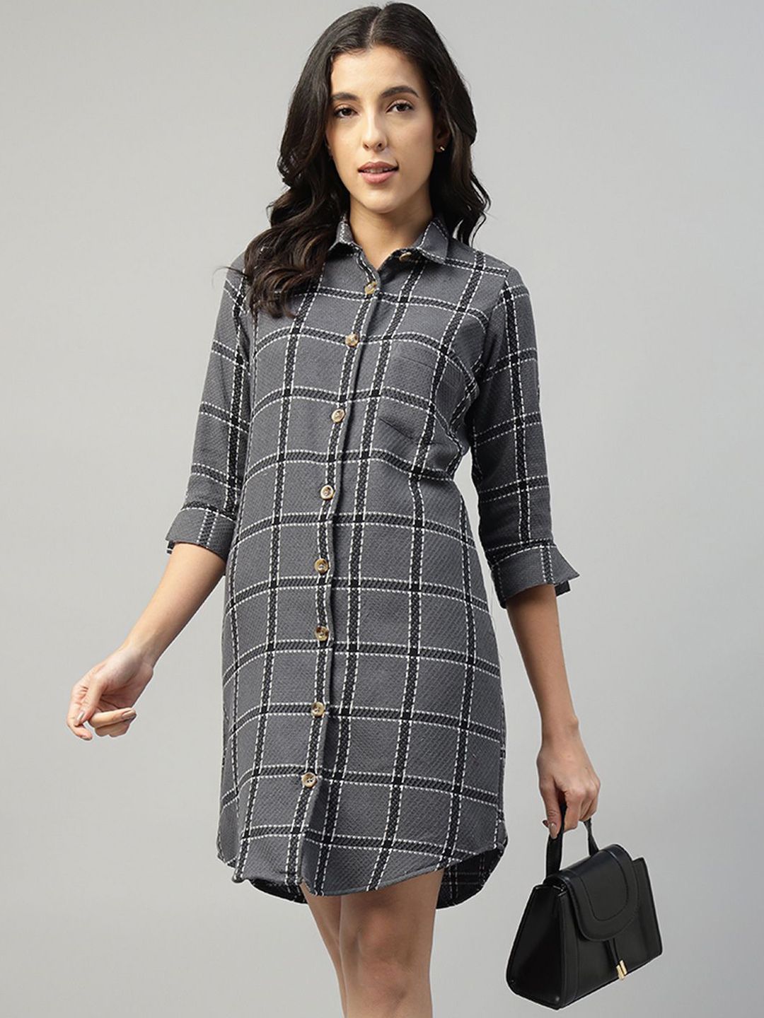 English Navy Women Plaided Checked Pure Cotton Formal Shirt Dress