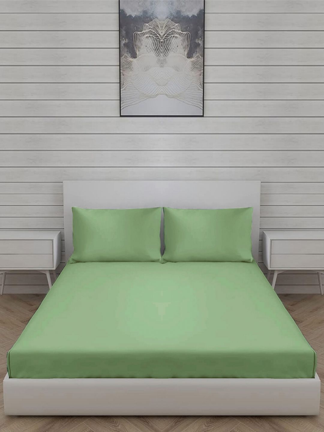 Buy Trance Home Linen Saffron Green Cotton 300 TC Fitted Queen Fine Bedsheet With 2 Pillow Covers 78 X 60 Inches -  - Home for Unisex