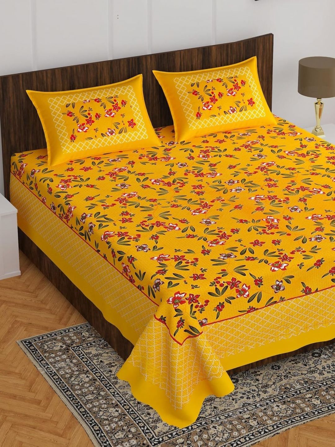 MAGICAL Jaipuri Yellow Floral Cotton 104 TC Queen Bedsheet with 2 Pillow Covers-60 x 78 inches