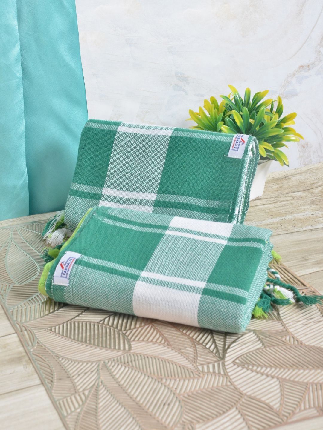 FABINALIV Green Striped Cotton 225GSM Super Soft 2PCs Adult Regular Bath Towel-59x30In