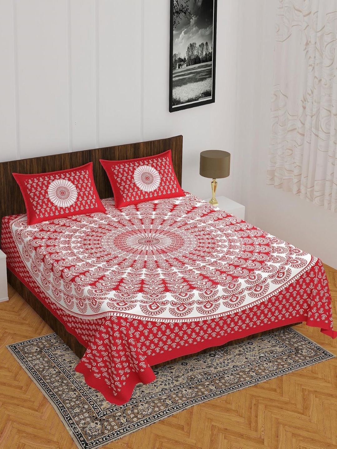 MAGICAL Jaipuri Red Floral Cotton 104 TC Queen Bedsheet with 2 Pillow Covers-93 x 83 inches