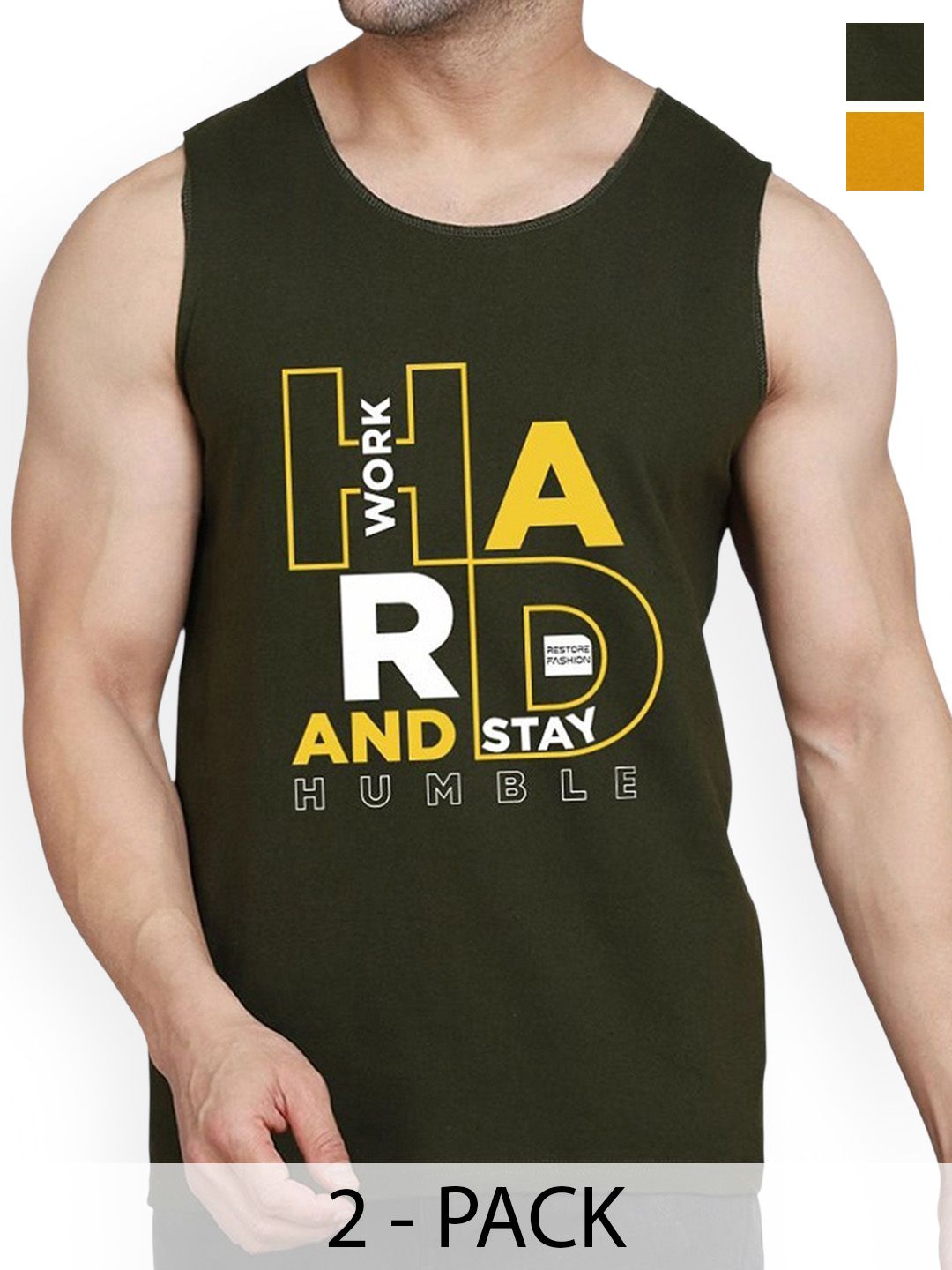 WOOSTRO Pack Of 2 Printed Combed Cotton Gym Vest RS26 CMB (HARD MUSTARD) (HARD OLIVE)