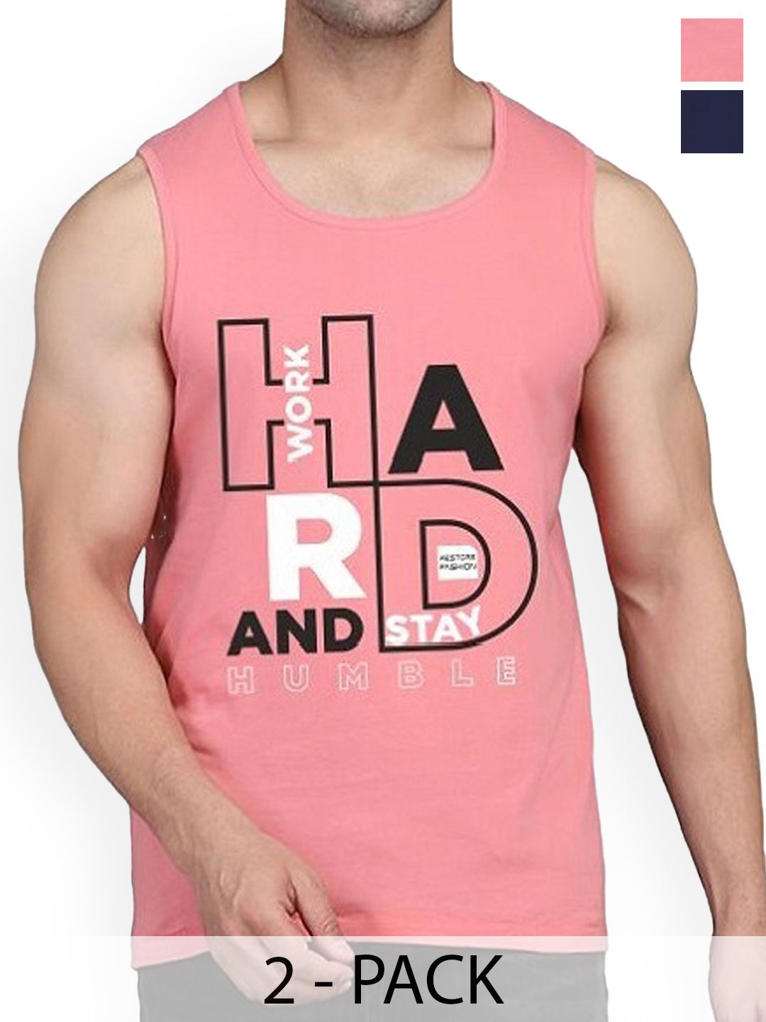 Woostro Pack Of 2 Printed Cotton Gym Vests RS26 CMB (HARD NAVY) (HARD PEACH)