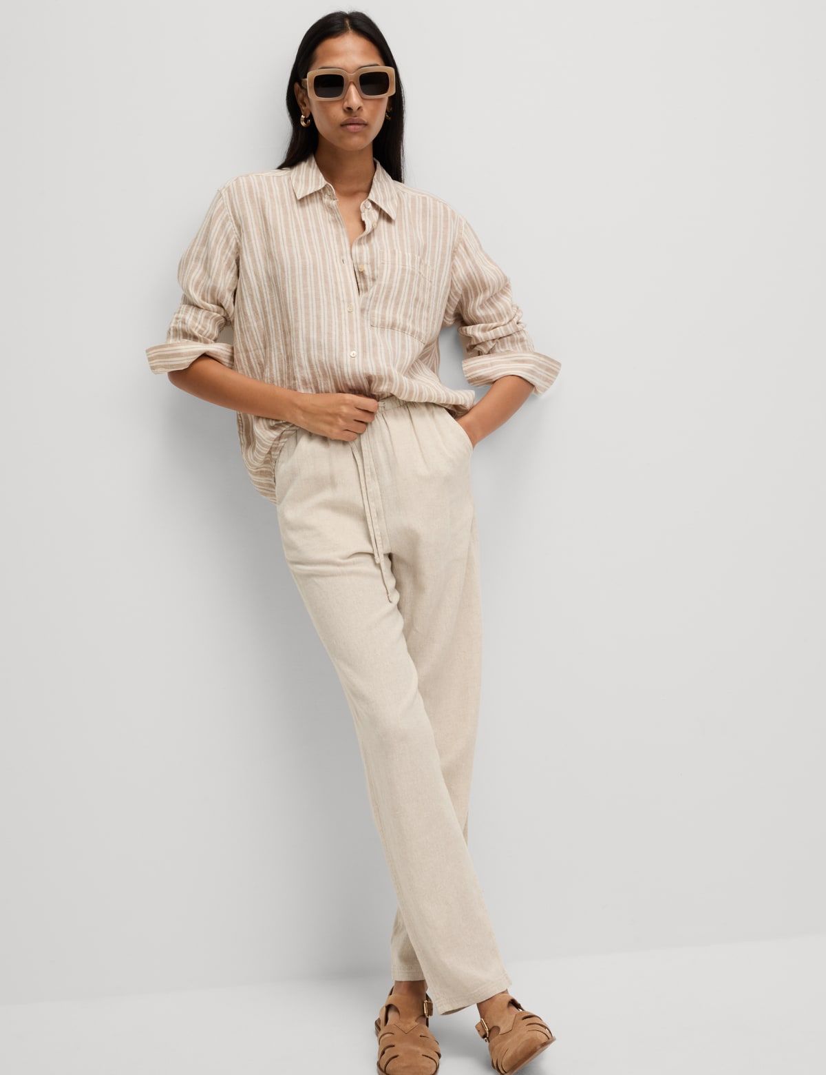 Marks & Spencer Linen-Rich Drawstring Tapered Trousers