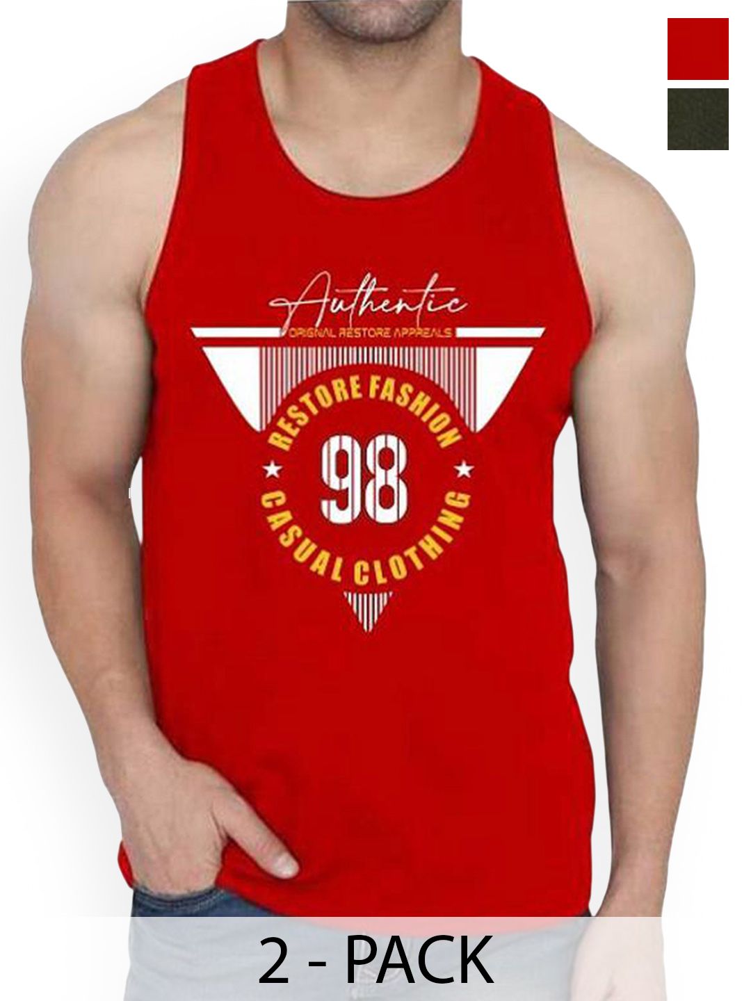 WOOSTRO Pack Of 2 Printed Combed Cotton Gym Vest RS26 CMB (HARD OLIVE) (98 RED)
