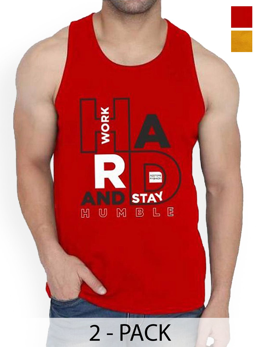WOOSTRO Pack Of 2 Printed Combed Cotton Gym Vest RS26 CMB (HARD RED) (MORE MUSTARD)