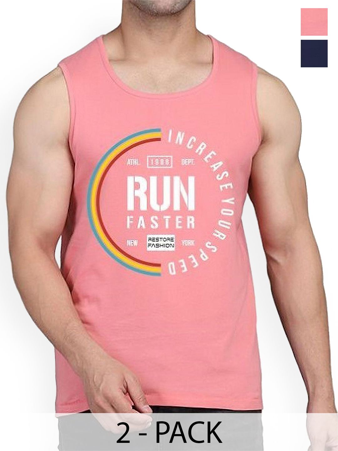 WOOSTRO 2-Pcs Printed Cotton Innerwear Vests RS26 CMB (MORE NAVY) (RUN PEACH)