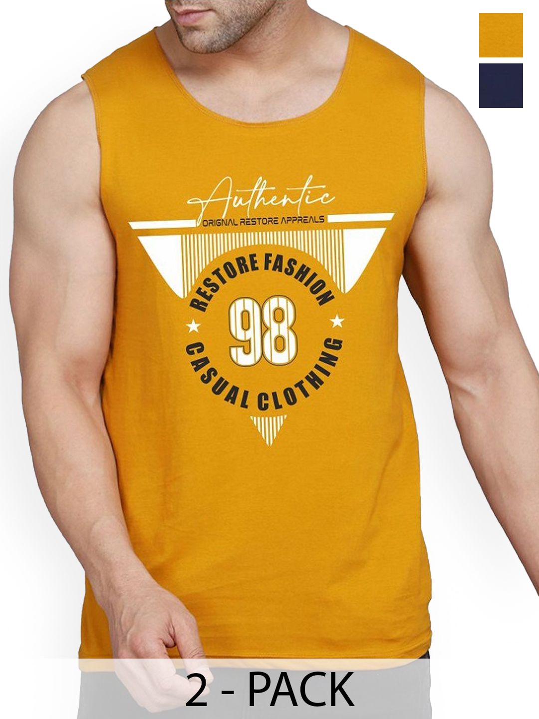 WOOSTRO Men Pack Of 2 Printed Innerwear Vests - RS26 CMB (MORE NAVY) (98 MUSTARD)