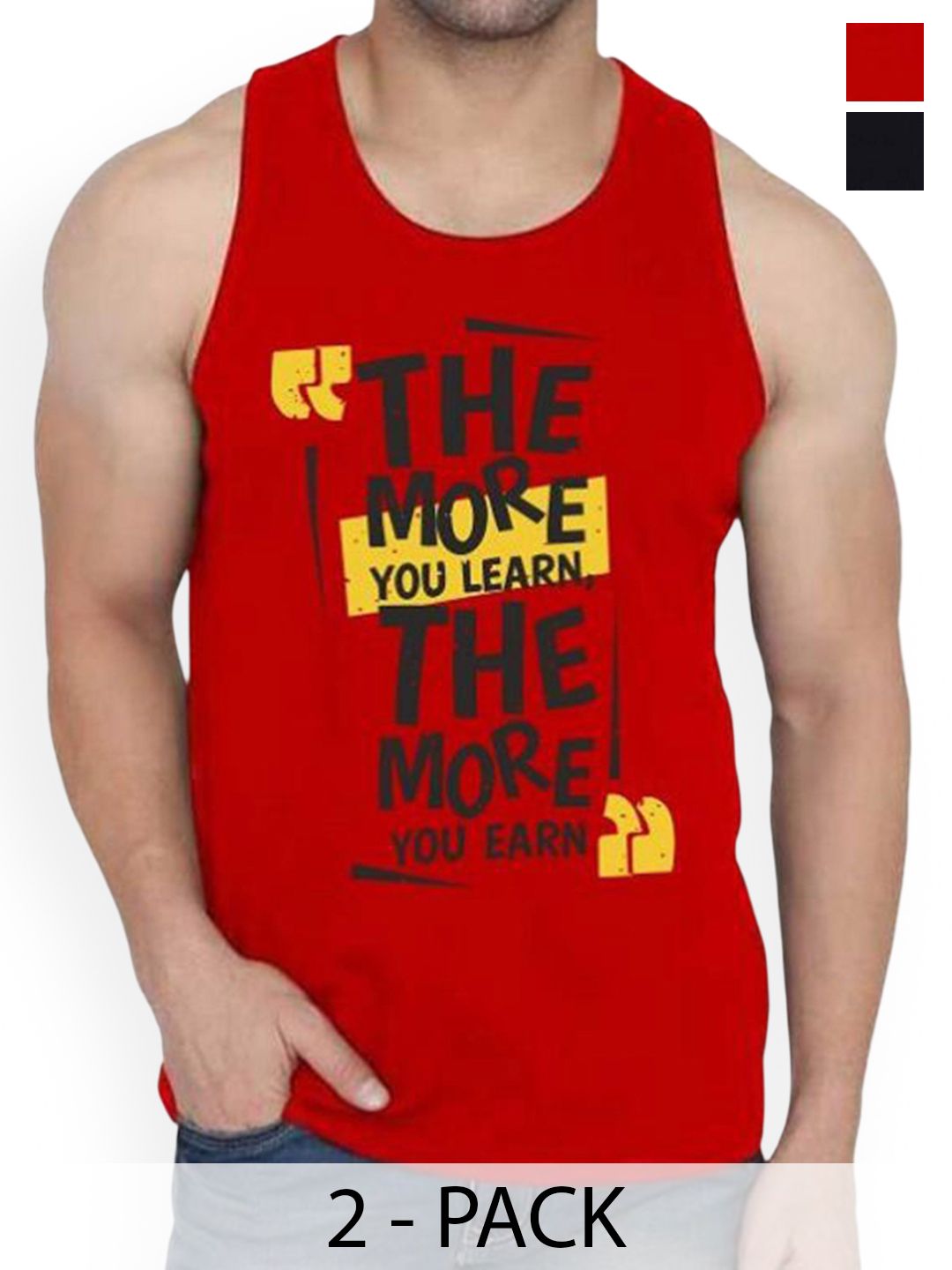Woostro Pack Of 2 Printed Pure Combed Cotton Gym VestsRS26 CMB (MORE RED) (HARD BLACK)