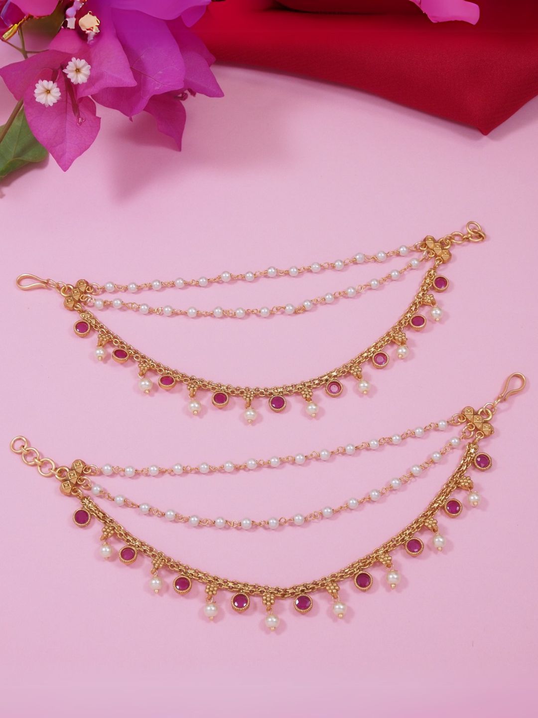 I Jewels Gold-Plated Artificial Stones Studded & Beaded Contemporary Shaped Ear Cuff