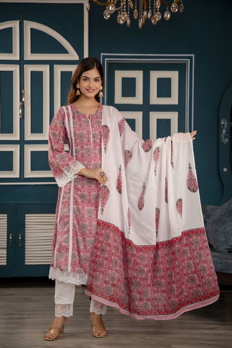 Badrika Floral Printed Notch Neck Pure Cotton A-Line Kurta With Trousers And Dupatta