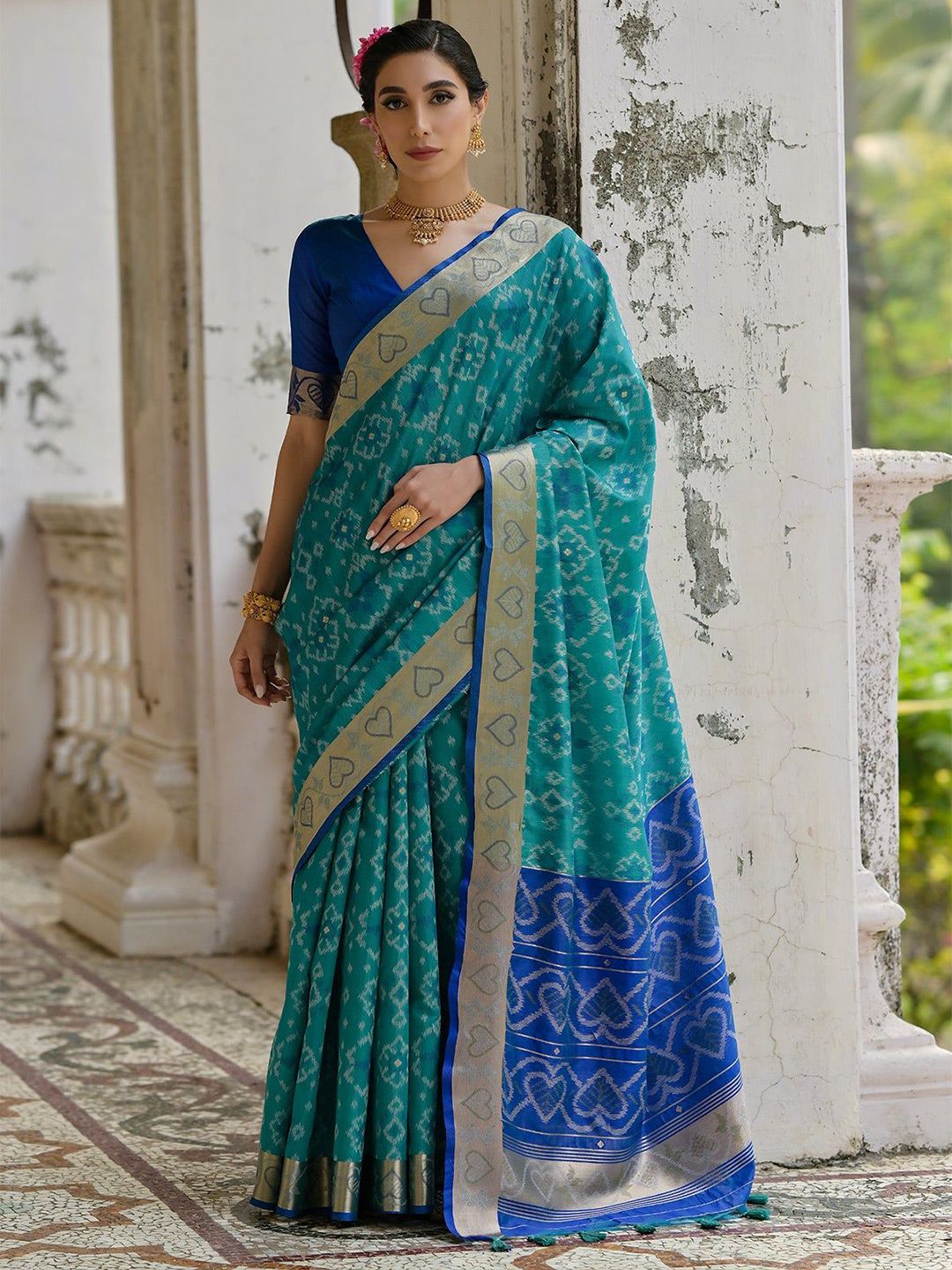 VISHNU WEAVES Teal Firozi Woven Design Zari  Ikat Saree