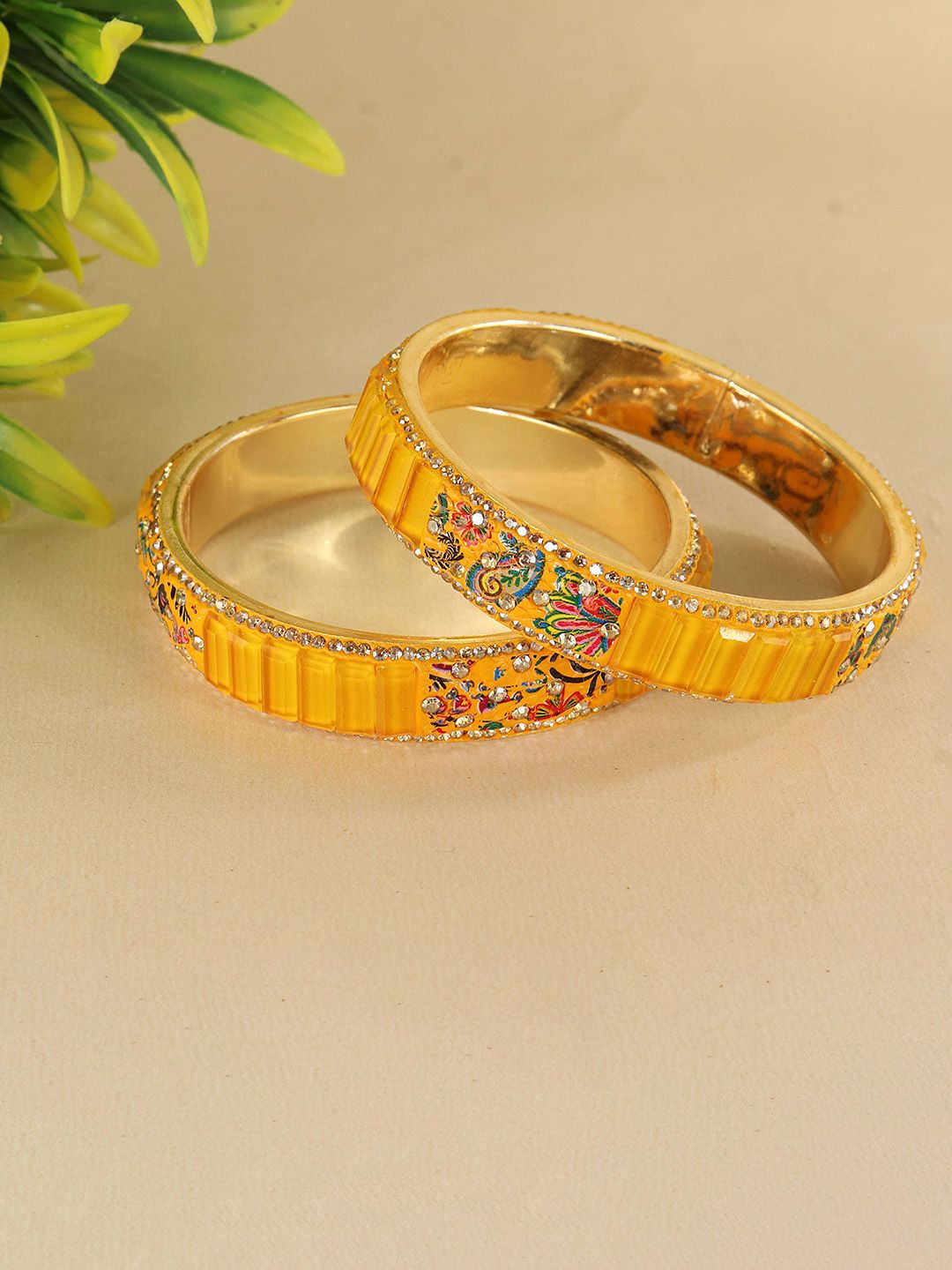 Buy ZULKA Set Of 2 Zircon Diamond & Crystal Studded Floral Printed Metal Kada Bangles -  - Accessories for Women